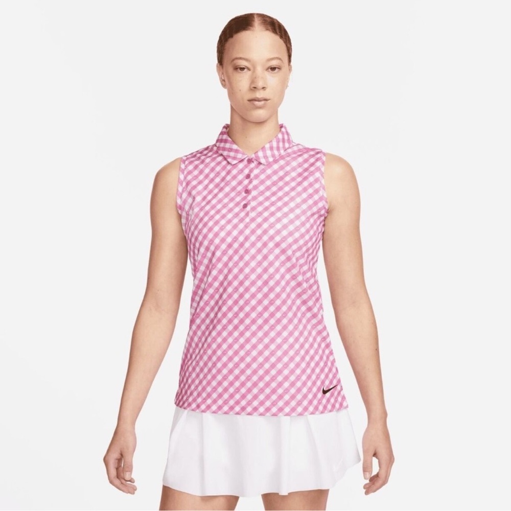 Women's Nike Dri-FIT Victory Sleeveless Polo Shirt Size Large Pink Gingham